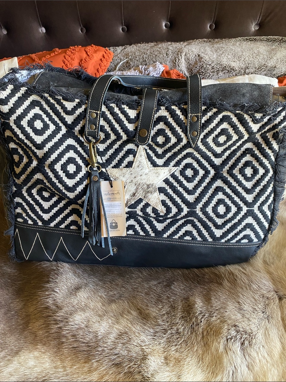 Myra Black & White Geometric Star Tote Bag extra large weekender